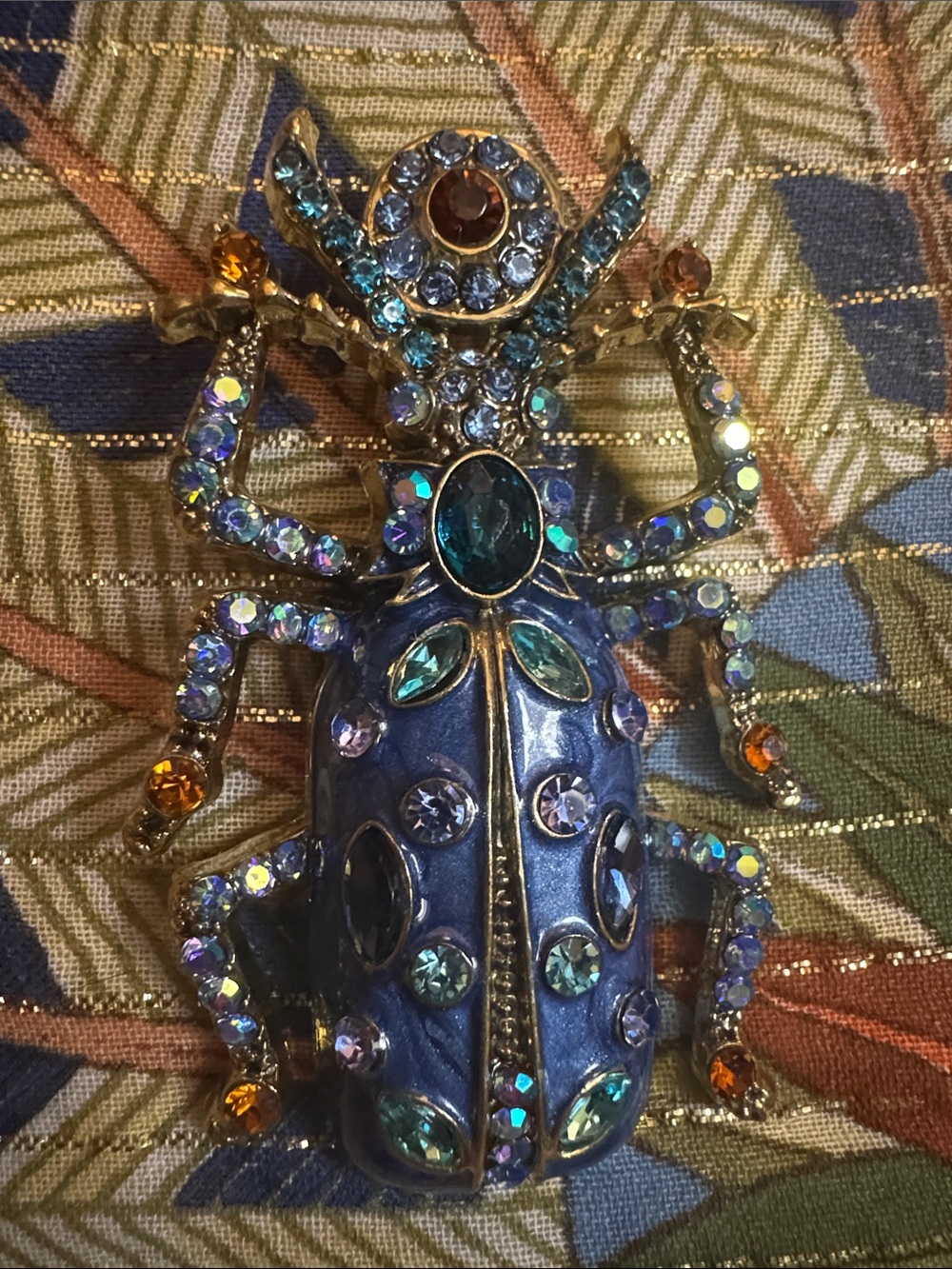 Blue Jeweled Beetle Brooch - Multicolor Crystal Accents
